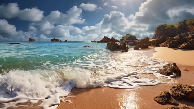 Il y a une photo d'une plage avec une vague venant en ai générative