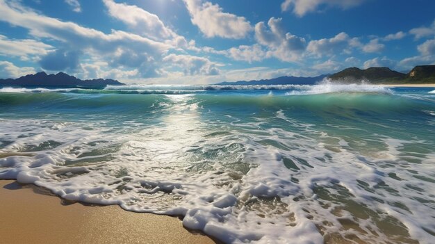 Il y a une photo d'une plage avec des vagues venant en ai générative