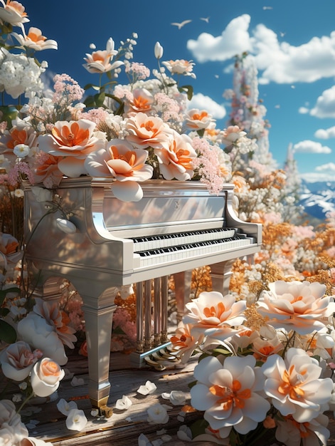 Il y a un piano blanc dans un champ de fleurs.