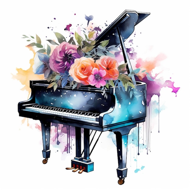 il y a un piano à queue avec des fleurs dessus et un papillon ai génératif