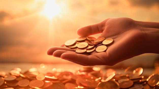 Il y a des pièces d'or dans la paume de la main d'une personne sur un fond doré d'argent
