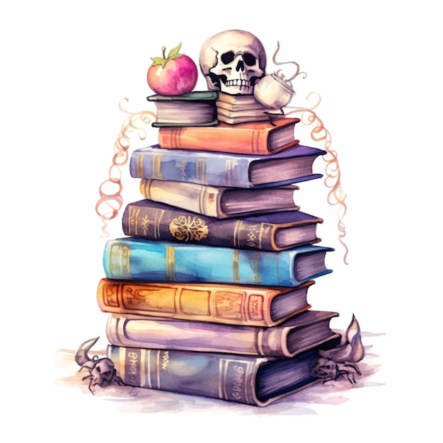 Il y a une pile de livres avec un crâne au-dessus d'eux.