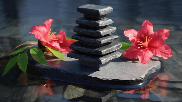 il y a une pile de rochers assis sur un rocher avec des fleurs ai générative