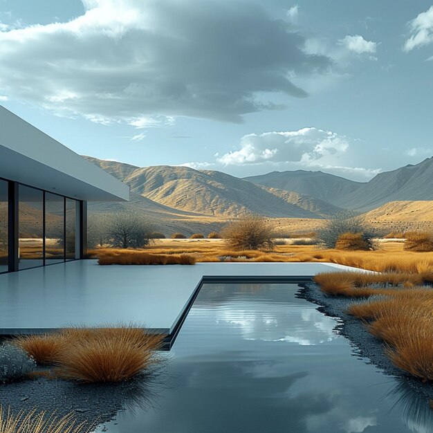 Photo il y a une piscine au milieu d'un désert avec des montagnes en arrière-plan.