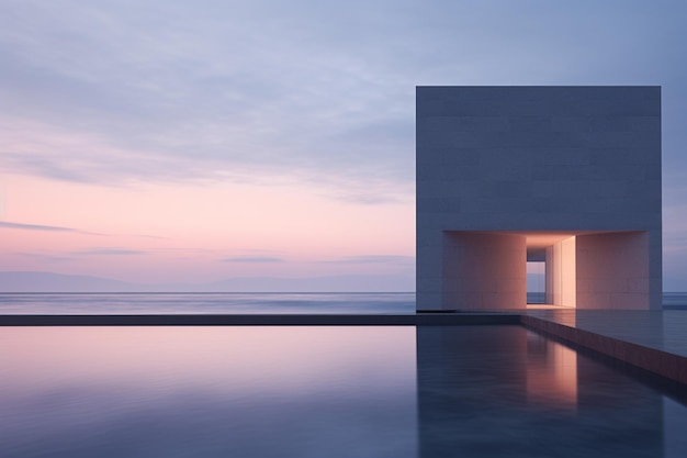 Il y a une piscine avec le reflet d'un bâtiment.