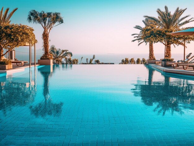 Il y a une piscine avec vue sur l'océan et des palmiers génératifs ai