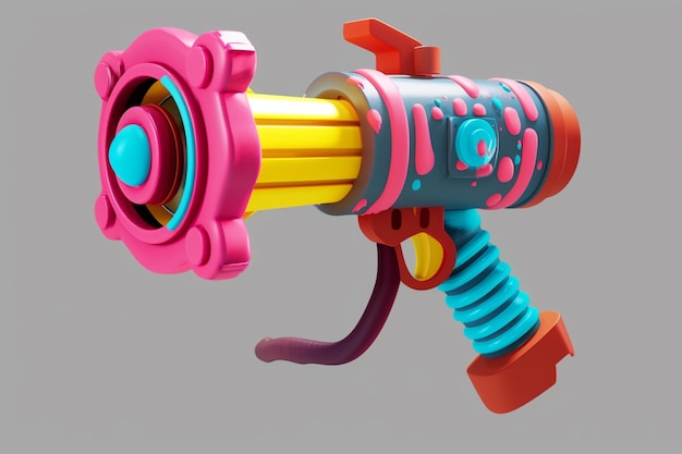 Il y a un pistolet de jouet avec un manche rose et un manche bleu.