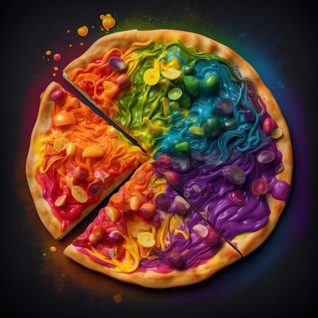 Il y a une pizza avec différentes couleurs de peinture sur elle.