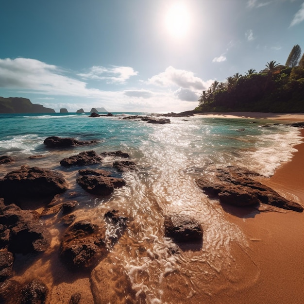 Il y a une plage avec des rochers et de l'eau sur elle générative ai