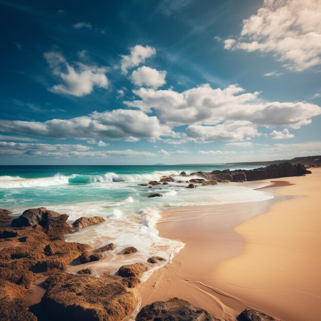 Il y a une plage avec des rochers et de l'eau sur le rivage générative ai