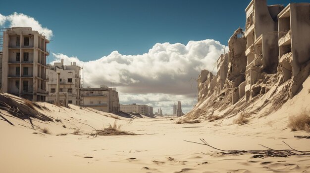 Il y a une plage de sable avec quelques bâtiments en arrière-plan ai générative