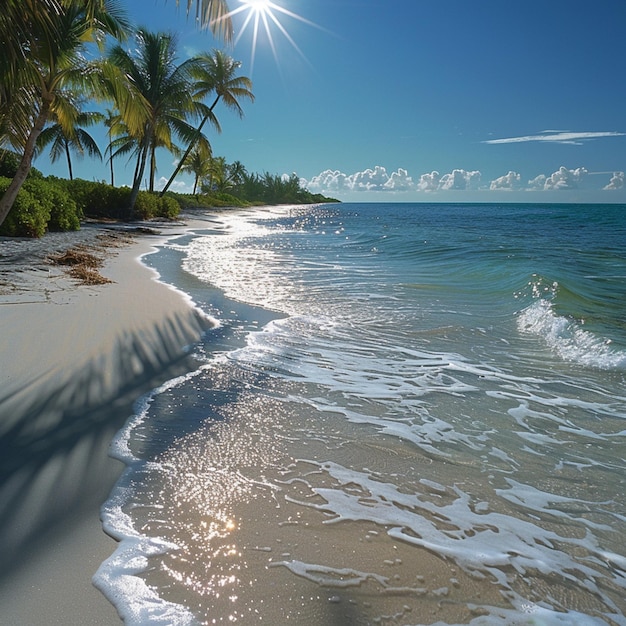 Il y a une plage avec une vague qui arrive sur le rivage.