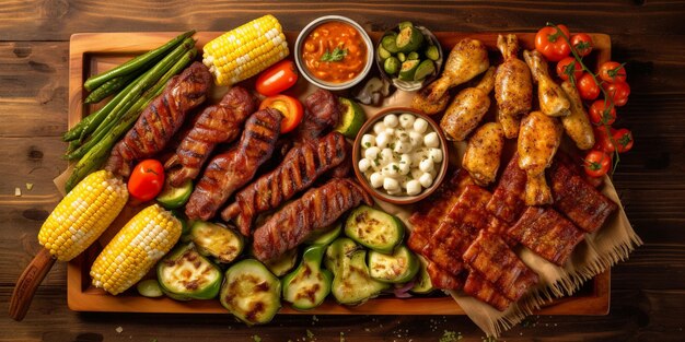 il y a une planche à découper en bois avec une IA génératrice de viande