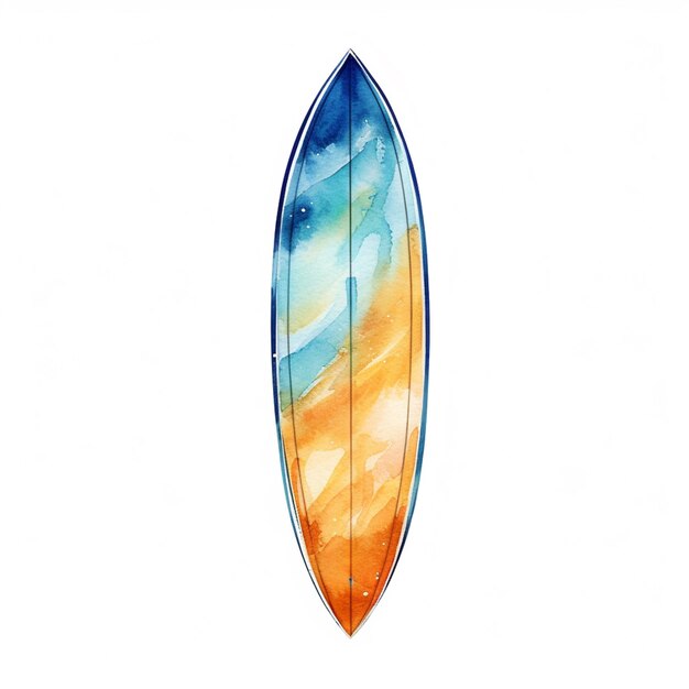 Il y a une planche de surf avec un dessin bleu et orange dessus.