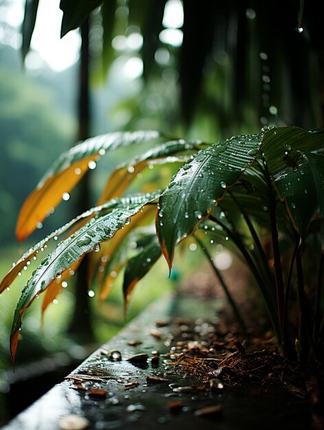 Il y a une plante qui est assise sur un rebord dans la pluie génératrice ai