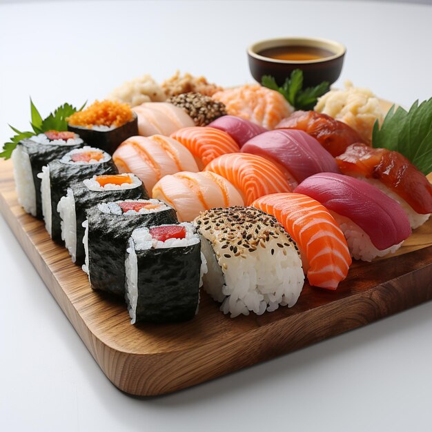 Il y a un plateau en bois avec des sushis et d'autres articles de sushis.