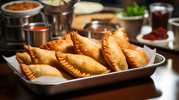 il y a un plateau d'empanadas sur une table avec des condiments génératifs ai