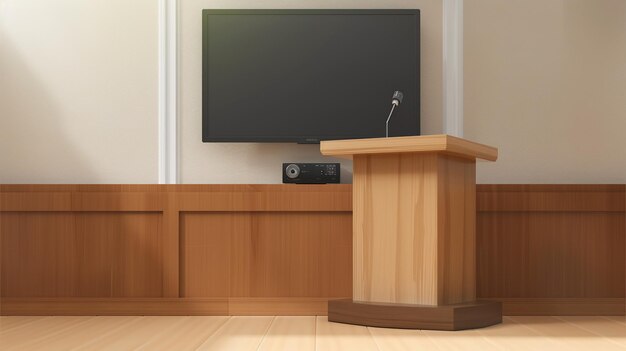 Il y a un podium en bois avec un microphone et une télévision sur le mur.