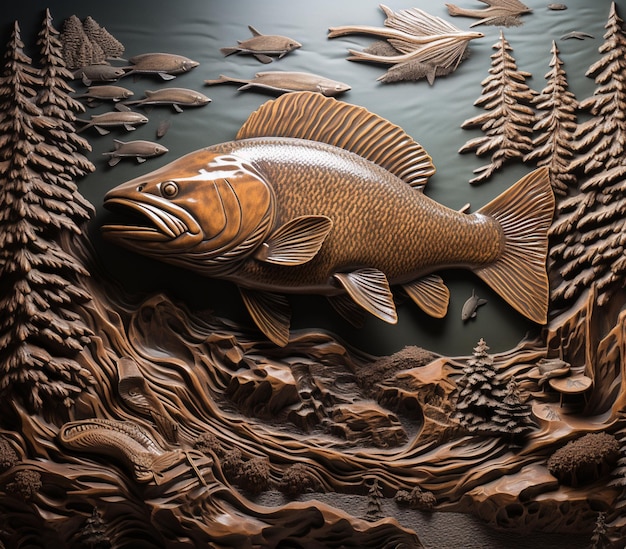 il y a un poisson sculpté dans un mur avec beaucoup d'IA générative de poisson