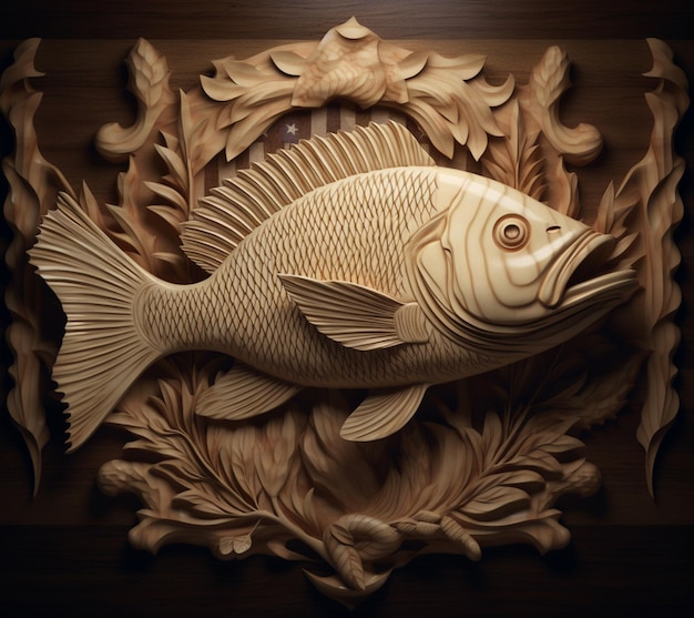 Il y a un poisson sculpté dans une plaque de bois sur un mur ai générative