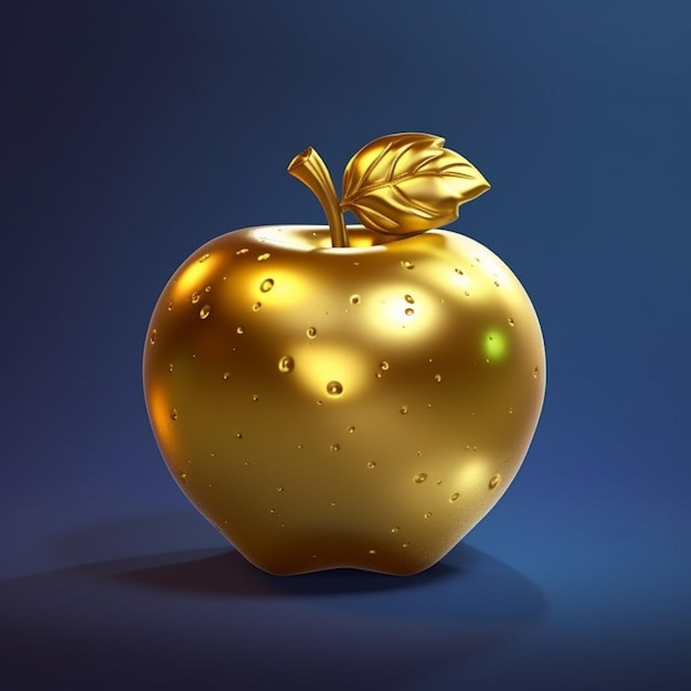 Il y a une pomme dorée brillante avec une feuille dessus ai générative
