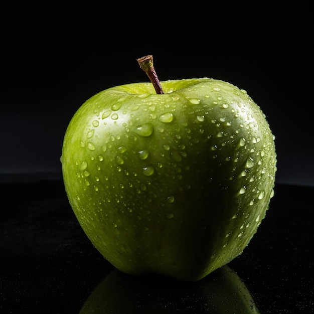 Il y a une pomme verte avec des gouttelettes d'eau dessus ai générative