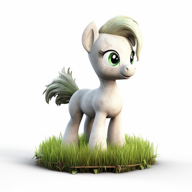 Il y a un poney blanc aux yeux verts qui se tient dans l'herbe.