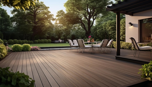 Photo il y a un pont en bois avec des chaises et des tables dans le jardin.