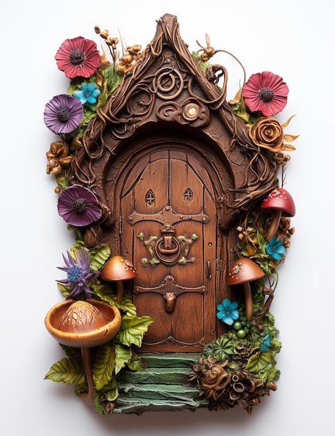 il y a une porte en bois avec une décoration de fleurs sur elle