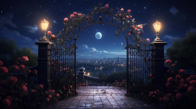 Il y a une porte avec un jardin de fleurs et une lune pleine générative ai