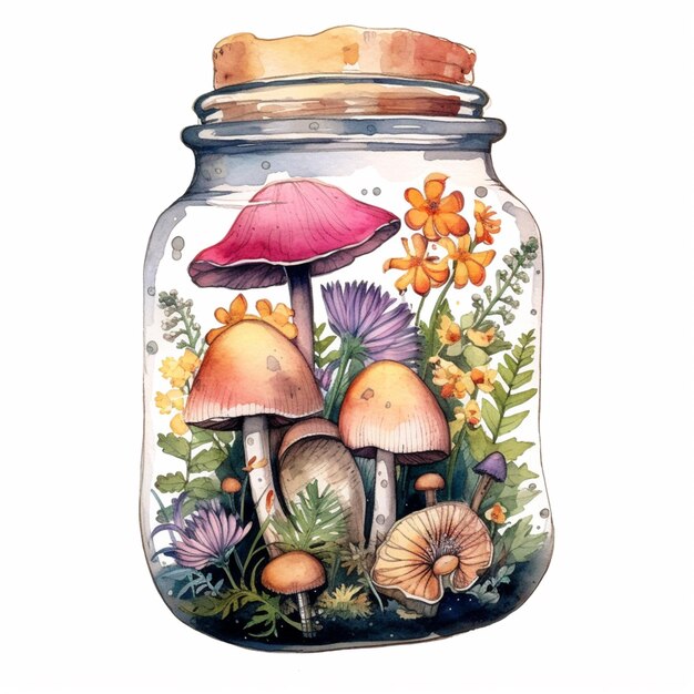 Photo il y a un pot avec des champignons et des fleurs à l'intérieur.