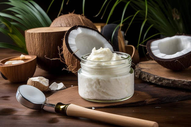 Il y a un pot de crème à la noix de coco et une cuillère sur une table générative ai