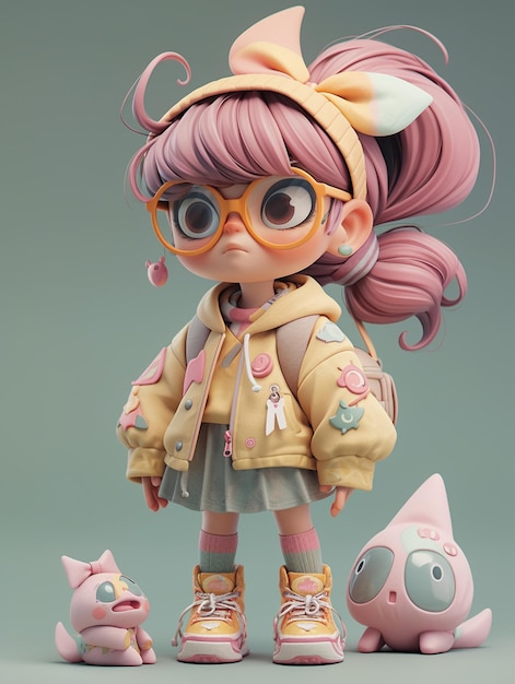 Il y a une poupée avec des cheveux roses et des lunettes et un chat rose génératif ai