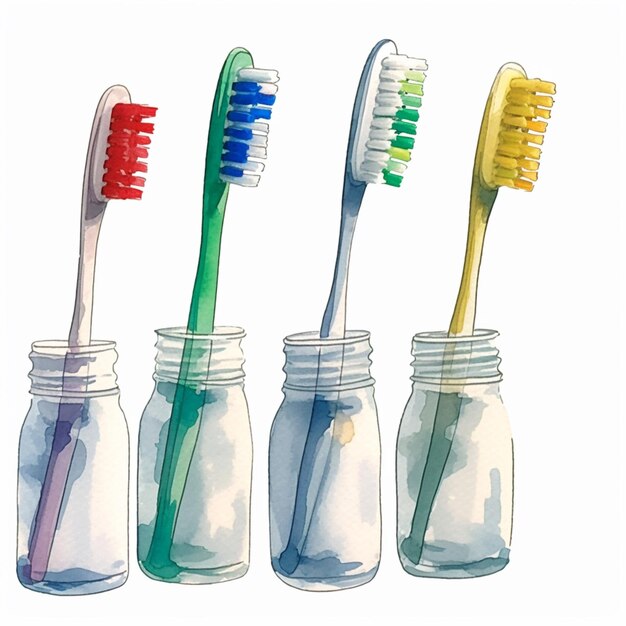 Photo il y a quatre brosses à dents de différentes couleurs dans un pot.