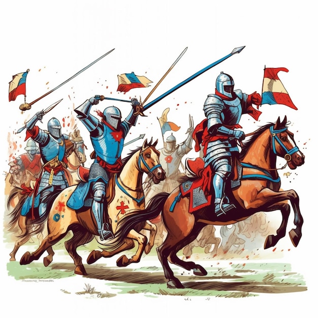 Il y a quatre chevaliers à cheval avec des drapeaux flottant.