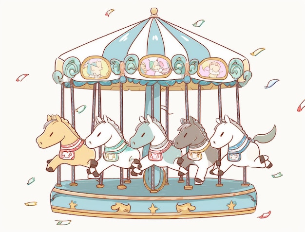 Photo il y a quatre chevaux qui montent sur un carrousel avec des confettis génératifs.