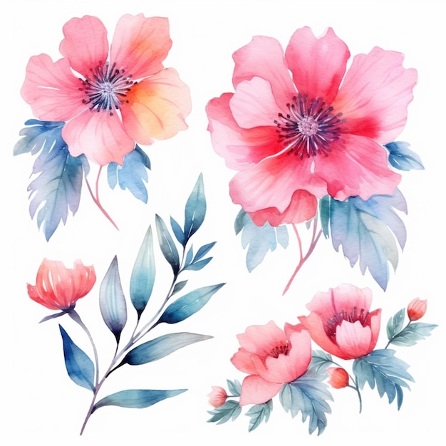 il y a quatre fleurs différentes peintes à l'aquarelle sur fond blanc ai générative