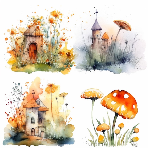 il y a quatre illustrations aquarelles différentes d'une église ai générative