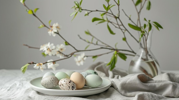 Il y a quatre œufs sur une assiette avec un vase de fleurs.