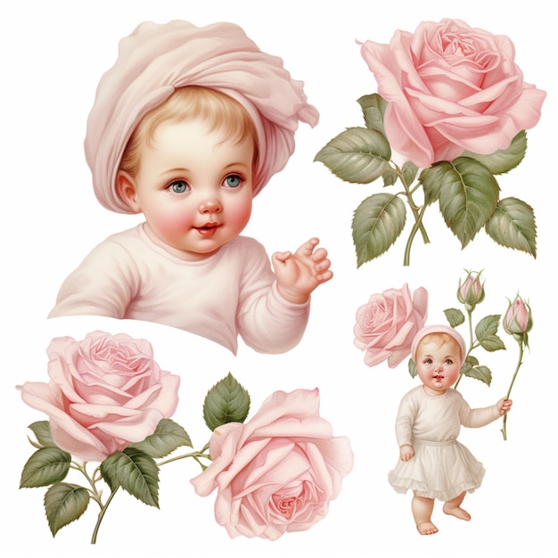 Photo il y a quatre photos d'un bébé avec une rose dans sa main.
