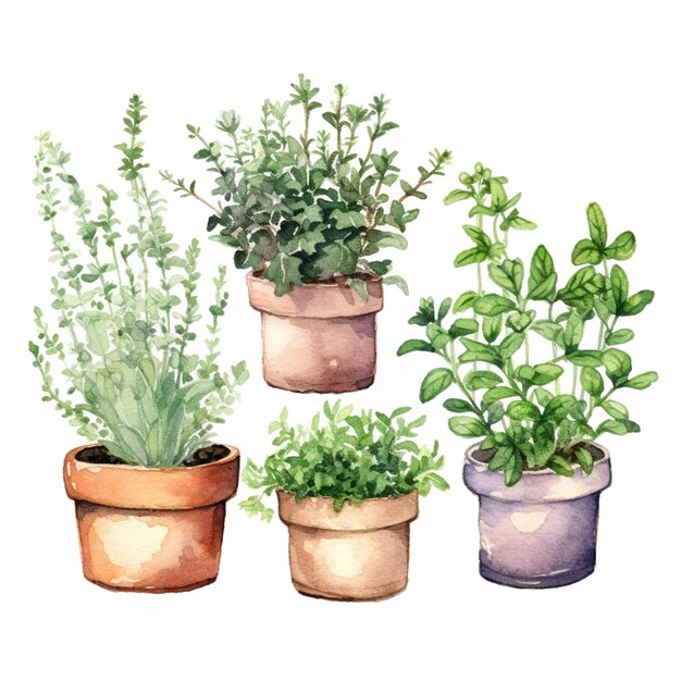 Il y a quatre pots avec des plantes en eux sur un fond blanc génératif ai