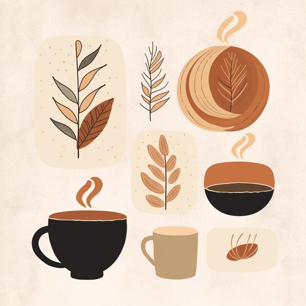 il y a quatre tasses de café avec des feuilles et une tasse de café ai génératif