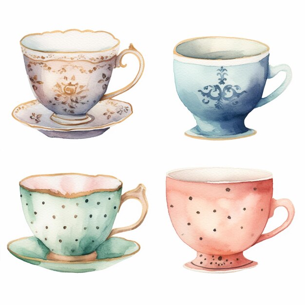 Il y a quatre tasses de thé différentes avec des soucoupes sur elles.