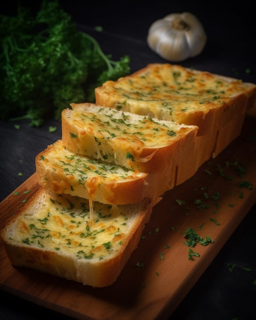 Il y a quatre tranches de pain sur une planche à couper avec du persil génératif ai