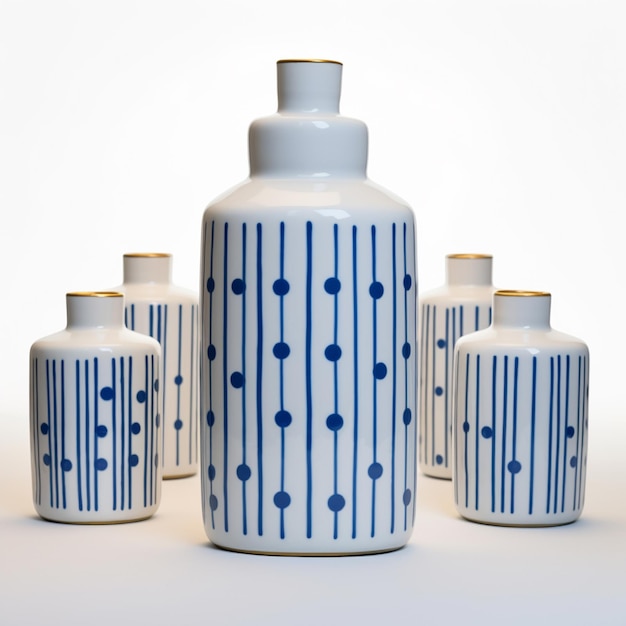 Il y a quatre vases avec des dessins bleus et blancs sur eux.