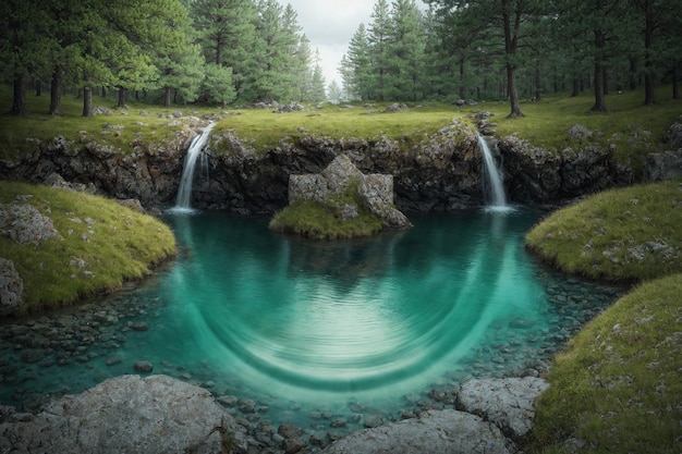 Il y a un reflet d'un rocher dans les eaux du lac sous la forme d'un croissant et un huit sta