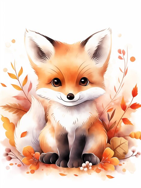 Il y a un renard assis dans les feuilles avec un fond blanc génératif ai