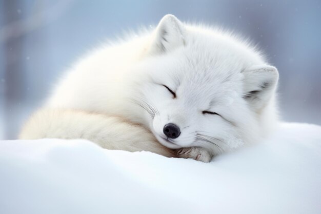 Il y a un renard blanc qui dort dans la neige.