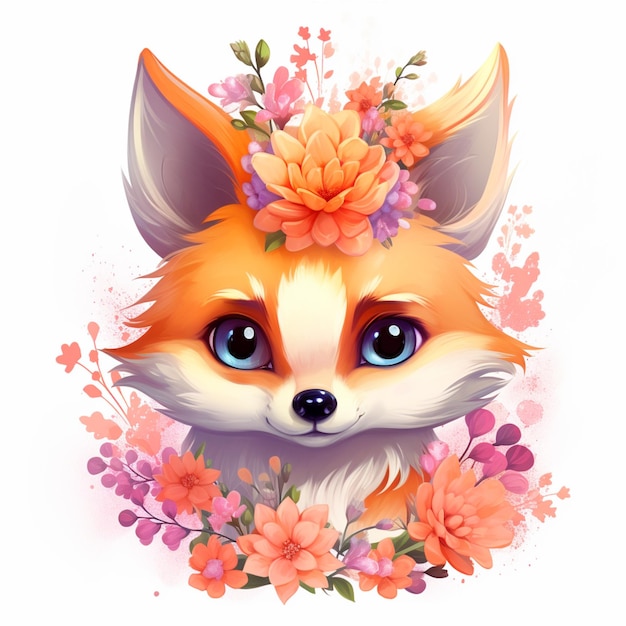 Il y a un renard avec une couronne de fleurs sur sa tête.