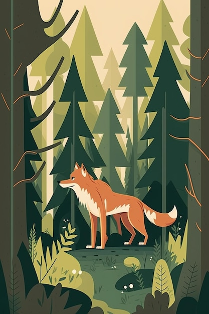 Il y a un renard debout dans les bois avec des arbres et de l'herbe ai génératif